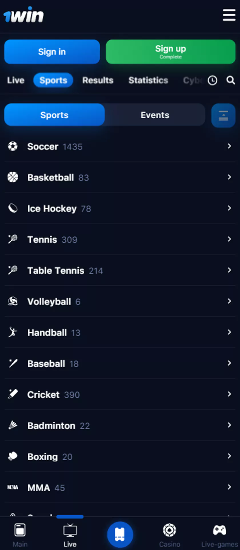 1win app sports betting section.