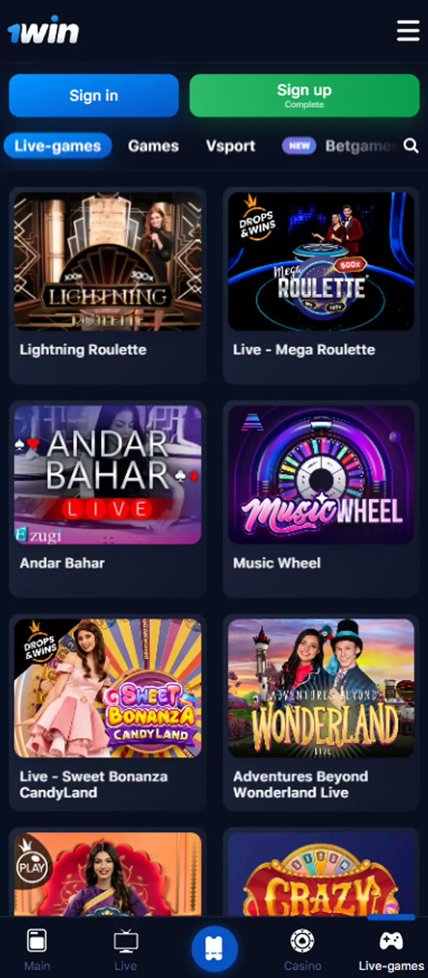 1win app live casino section.